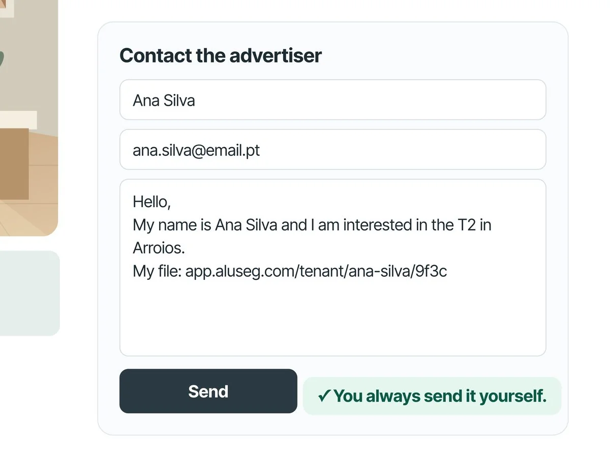 Listing contact form filled in with a name, an email and a message linking to the tenant file, next to the Send button and the note "You always send it yourself".