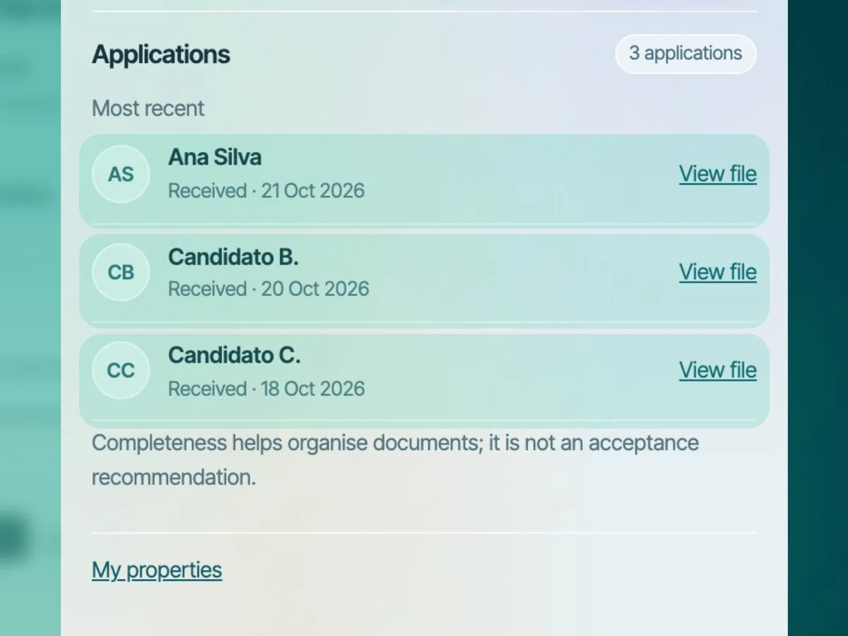 Landlord panel listing three applications (Ana Silva, Candidato B. and Candidato C.) with their received dates and a "View file" link on each.