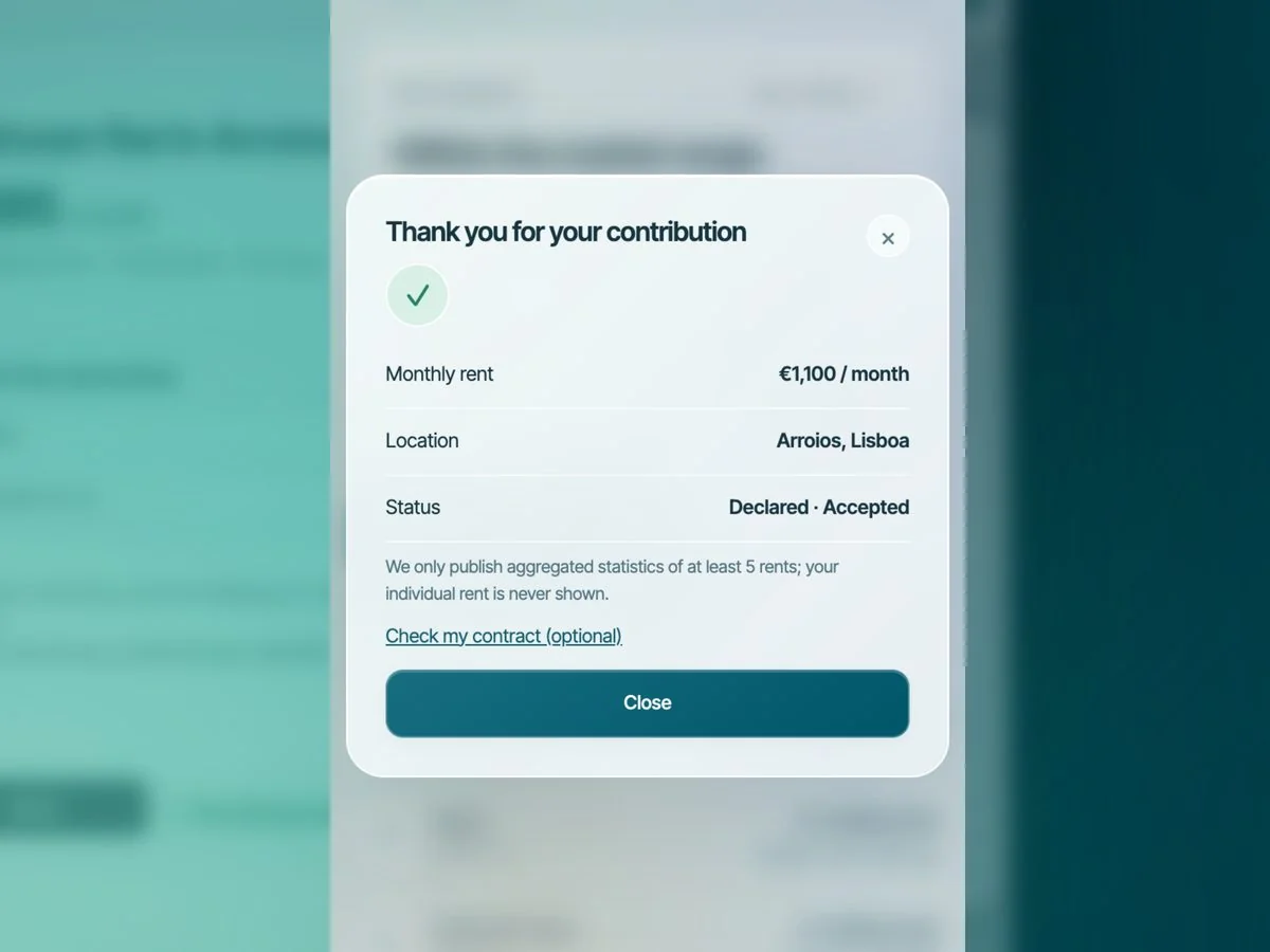 "Thank you for your contribution" confirmation after sharing a €1,100 monthly rent in Arroios, Lisbon, with the status "Declared · Accepted".