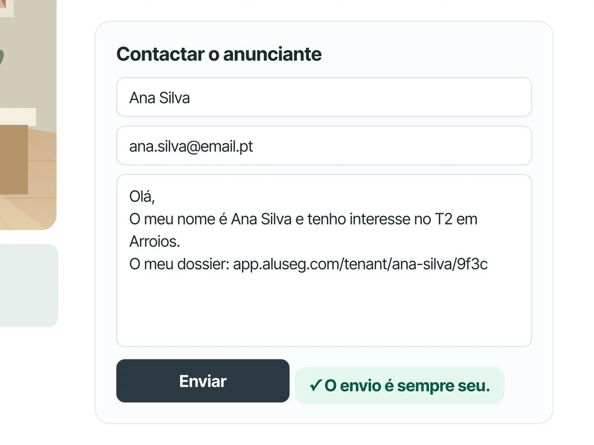 Formulário de contacto de um anúncio preenchido com nome, e-mail e uma mensagem com o link do dossier do inquilino, ao lado do botão Enviar e da nota «O envio é sempre seu».