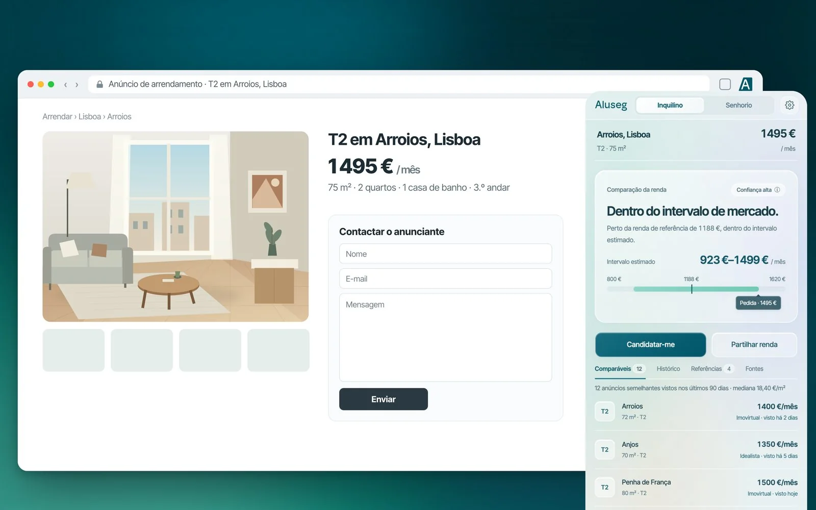 Painel da extensão Aluseg aberto ao lado de um anúncio de um T2 em Arroios, Lisboa, com a comparação da renda pedida (1495 €) e a lista de anúncios comparáveis.