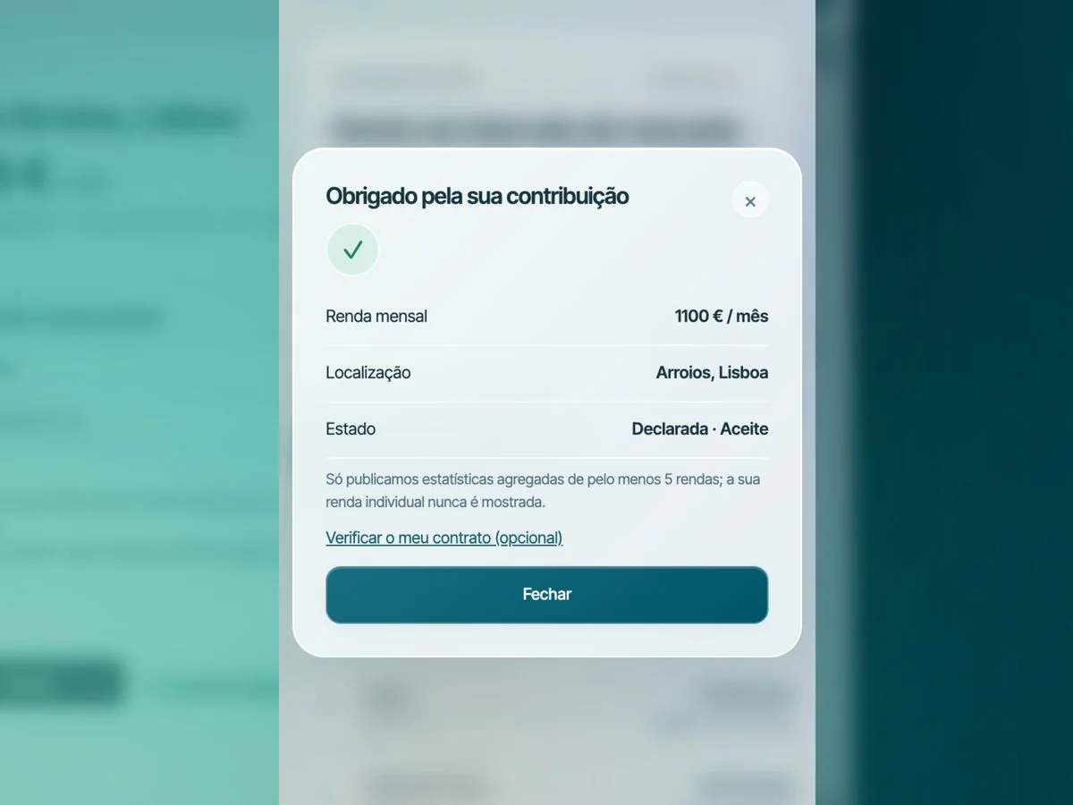 Confirmação «Obrigado pela sua contribuição» depois de partilhar uma renda de 1100 € por mês em Arroios, Lisboa, com o estado «Declarada · Aceite».