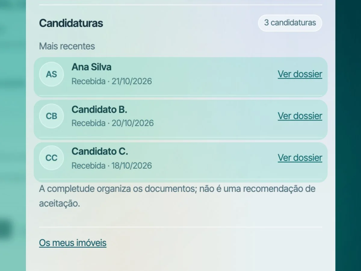 Lista de candidaturas no painel do senhorio, com três candidaturas (Ana Silva, Candidato B. e Candidato C.), a data de receção e a ligação «Ver dossier» em cada uma.