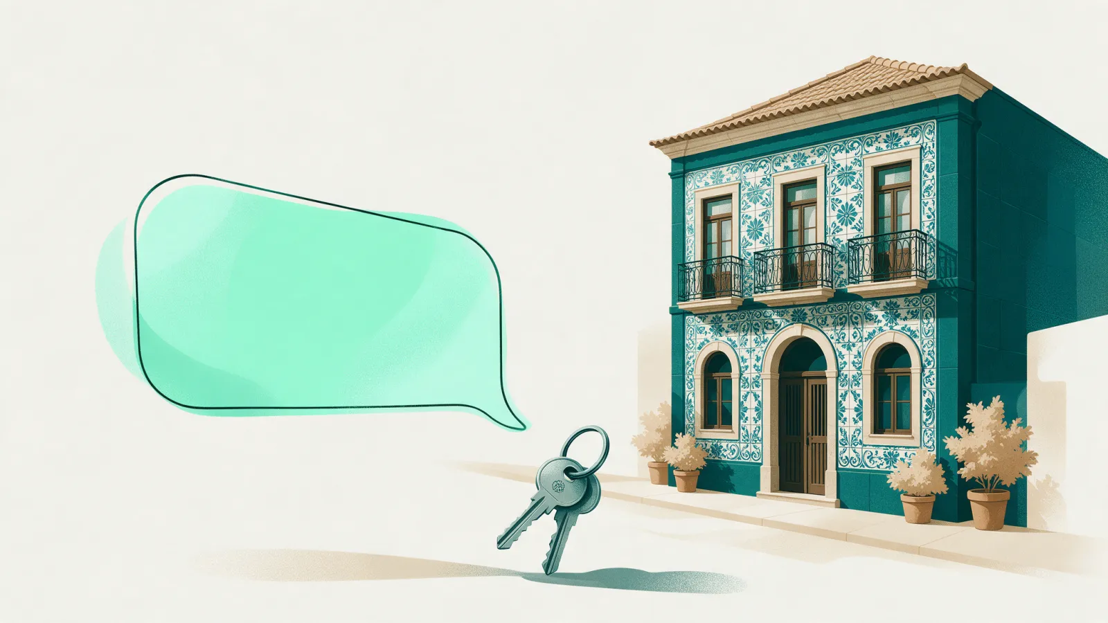 Prédio de azulejos do Porto, chaves de casa e um balão de conversa, a ilustrar a Aluseg dentro do Claude e do ChatGPT