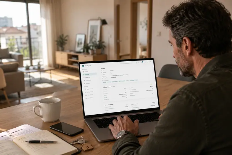 Plataforma Aluseg aberta num portátil, com a mão do senhorio no teclado
