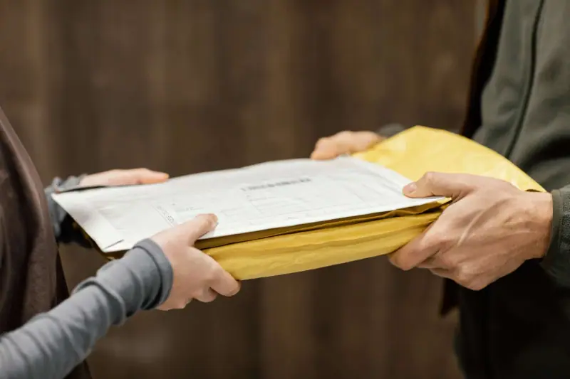 Two people handing over a registered letter in an envelope