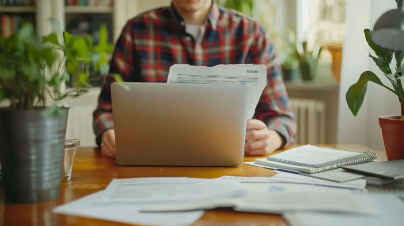 Contabilista a preparar o IRS com documentos e computador